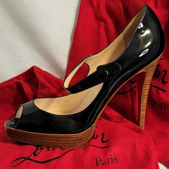 CHRISTIAN LOUBOUTIN Black Patent Leather Zeppa Mary Jane Peep Toe Pumps  39 - Picture 7 of 13